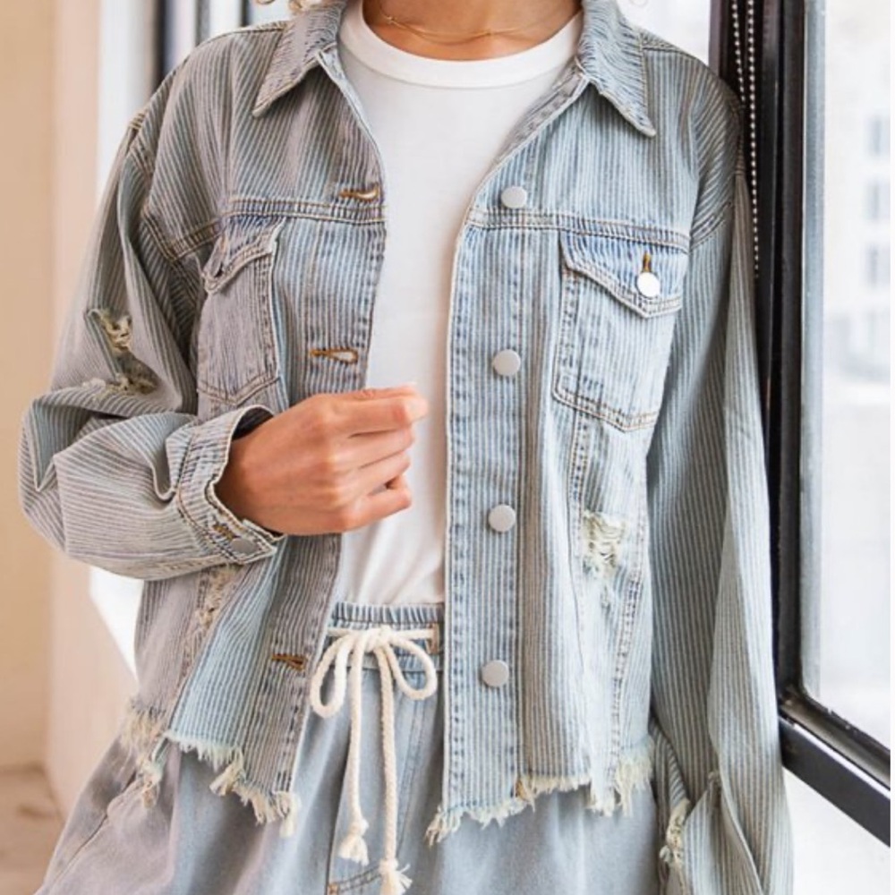 Pol Stripe Cotton Denim Distressed Jacket